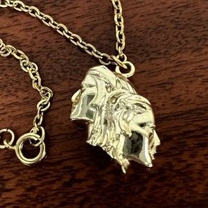 Vintage Necklace Art Deco Faces Man Woman Gold Tone signed PL